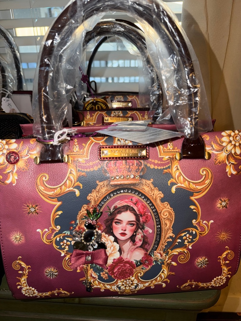 Nicole Lee Burgundy Satchel with Gold Crown Emblem